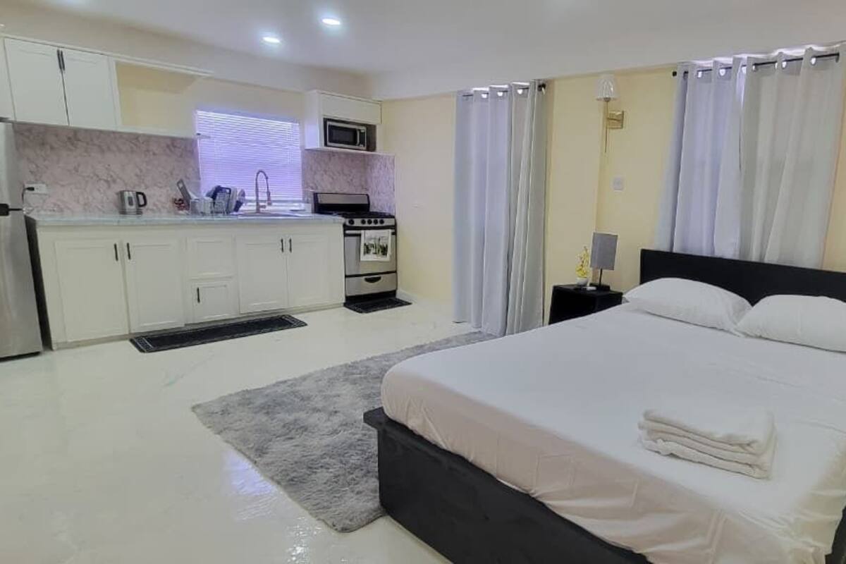 A modern hotel room with a large bed, a separate kitchenette, and a bathroom.