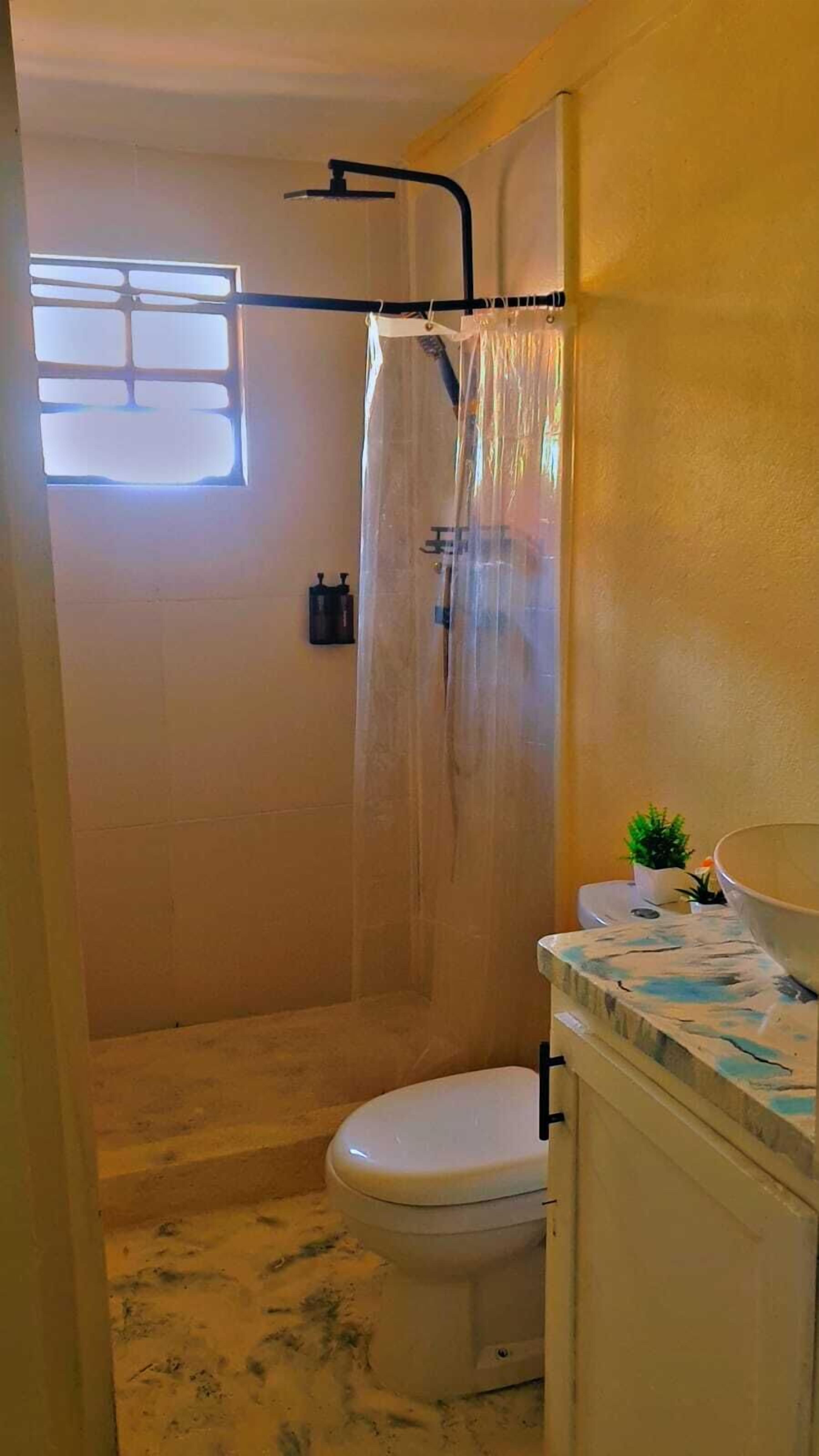 A bathroom with a shower, toilet, and a small sink area.