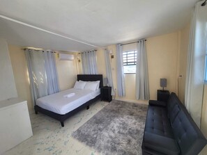 Un dormitorio con cama, sofá, mesita de noche, unidad de aire acondicionado y ventana con cortinas.