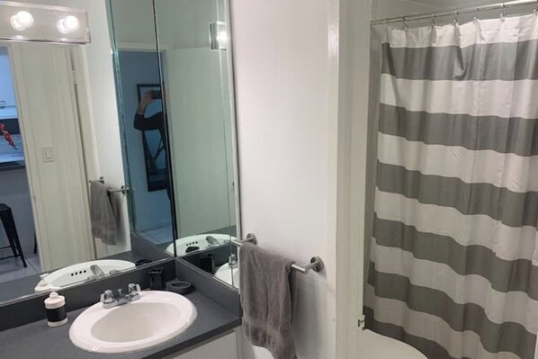 Douche, séchoir à cheveux, serviettes fournies, savon