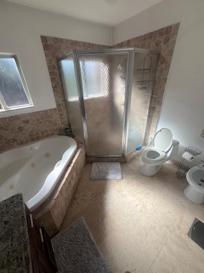 Jetted bath, bidet, towels, soap