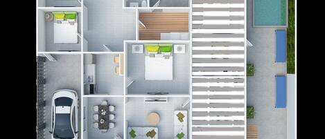 A floor plan of a hotel with a bedroom, bathroom, kitchen, dining area, and a pool area.