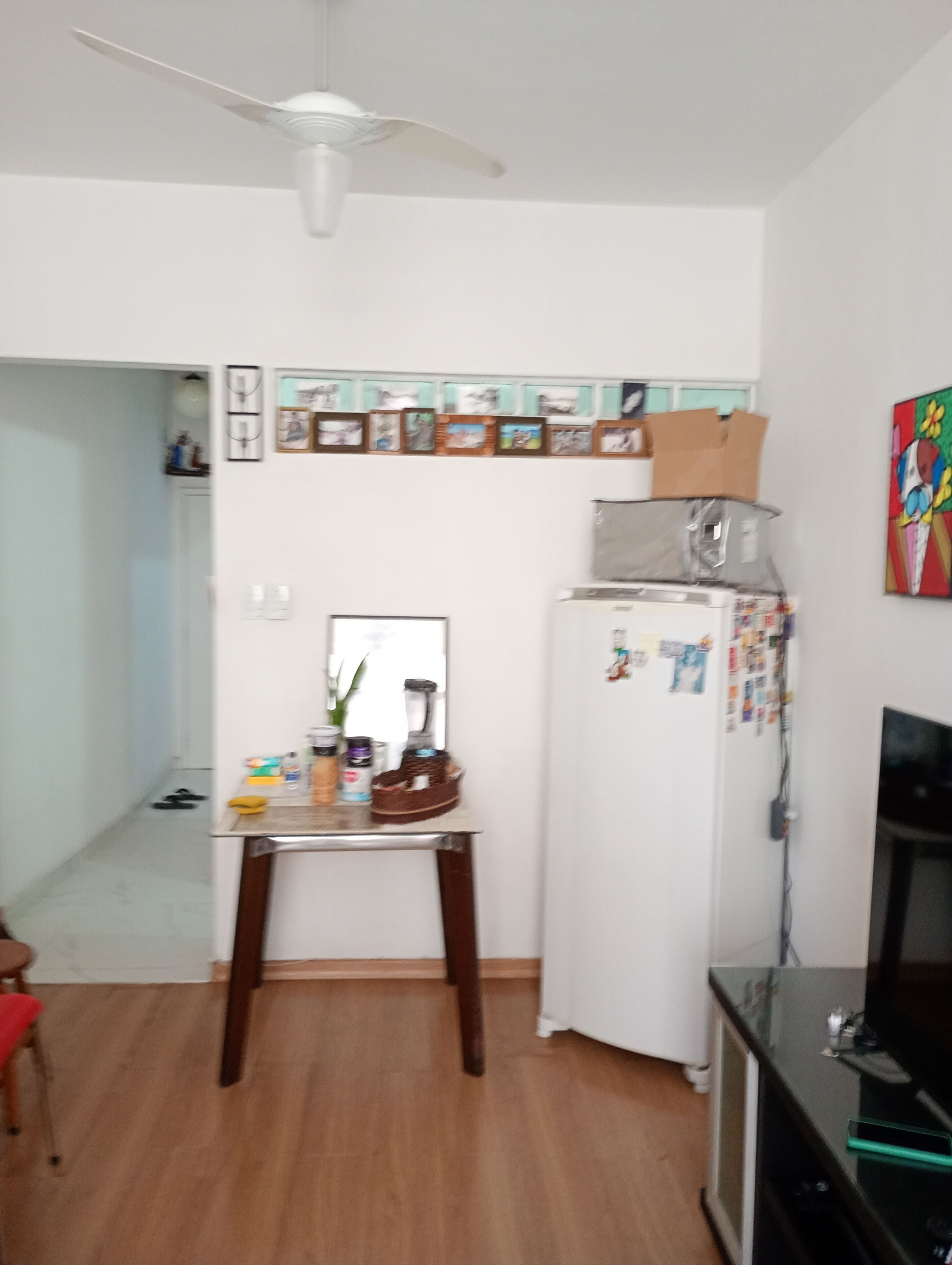 Un espace de vie compact comprenant un coin cuisine, un ventilateur de plafond, un réfrigérateur et un meuble pour la télévision.
