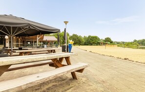 Des tables de pique-nique en plein air, équipées de parasols, un filet de volley-ball et une vue sur un lac.