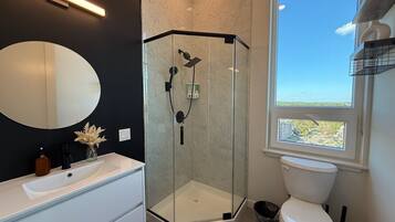 Shower, hair dryer, towels, soap