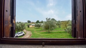 A view through a window of a rural landscape with a dirt path, a white car, and a building in the distance. - 3 bedroom stunning home in Vignanello (Vignanello)