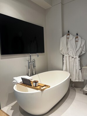 Shower, hair dryer, bidet, towels