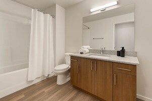 Bañera con ducha, secador de pelo, toallas, jabón