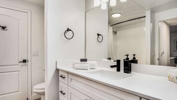 Combined shower/tub, hair dryer, towels, soap