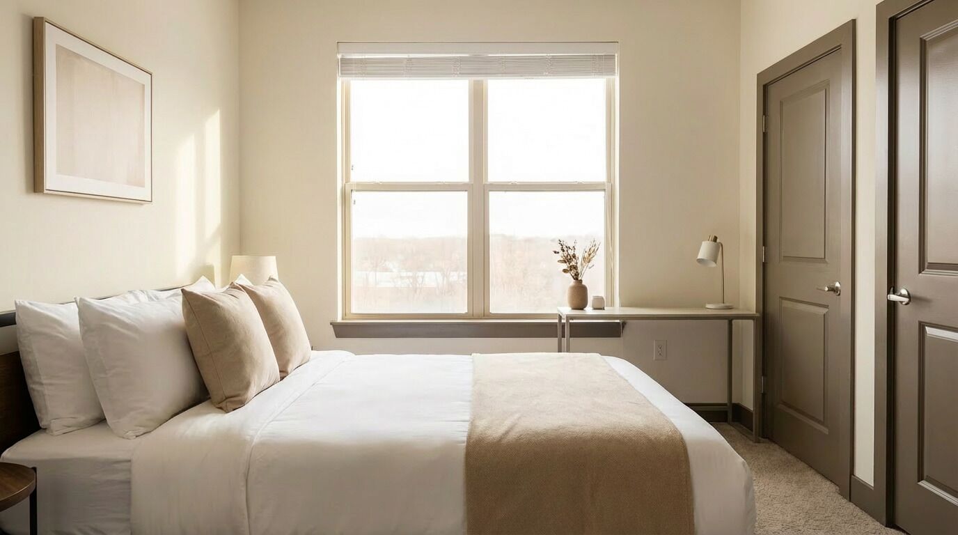 A bedroom with a bed, bedside table, lamp, window, and door.