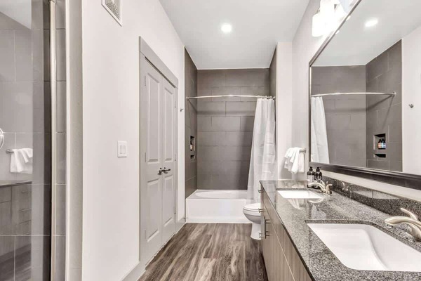 Combined shower/tub, hair dryer, towels, soap