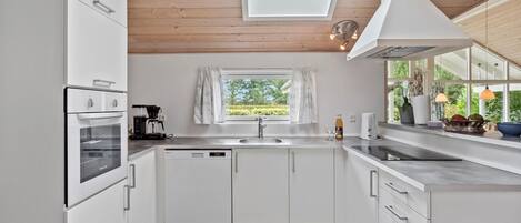 Fridge, stovetop, dishwasher, coffee/tea maker