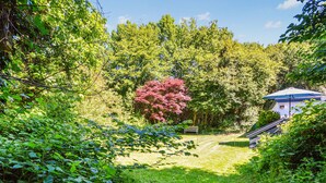 Un jardí exuberant amb diverses plantes, arbres, una boscadella i un porxo.