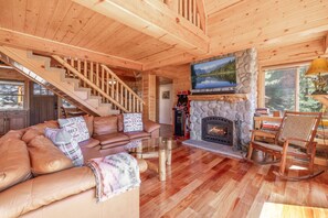 TV, fireplace, books, offices