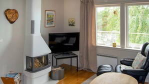 A living room with a fireplace, a television, a sofa, and a window with a view of trees. - Pet friendly home in Vätö with sauna (Vätö)