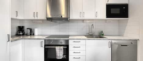 Fridge, oven, dishwasher, coffee/tea maker