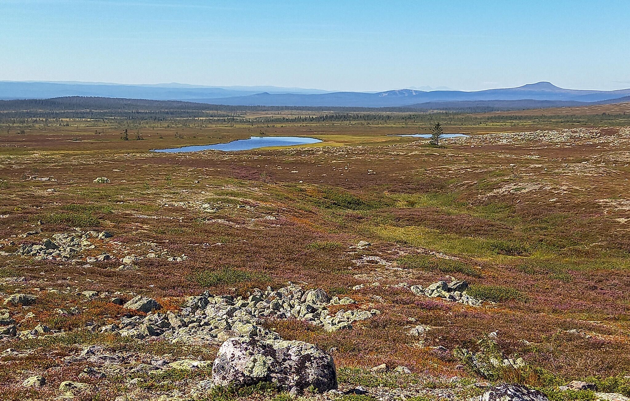 Un vaste paysage ouvert, avec un petit plan d’eau, un terrain rocheux et des montagnes lointaines sous un ciel dégagé.