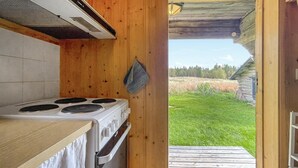 Een keuken met een fornuis en oven, houten wanden en uitzicht op een grasveld door een open deur.