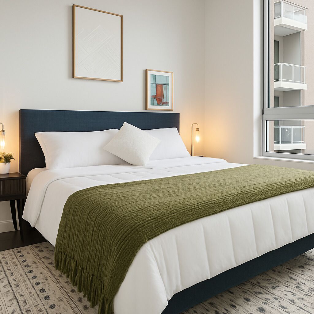 A neatly made bed with white linens and a green throw blanket, a dark headboard, and two framed artworks on the wall.