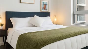 A neatly made bed with white linens and a green throw blanket, a dark headboard, and two framed artworks on the wall.