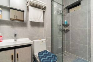 Hair dryer, towels, soap, toilet paper