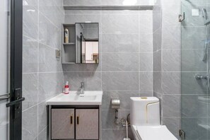Sèche-cheveux, serviettes fournies, savon, papier toilette
