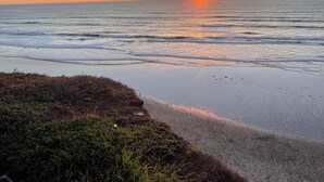 Una spiaggia con un tramonto sull'oceano, una riva sabbiosa e un po' di vegetazione.