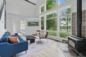 Smart TV, fireplace, books, computer monitors