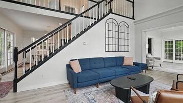 Smart TV, fireplace, books, computer monitors