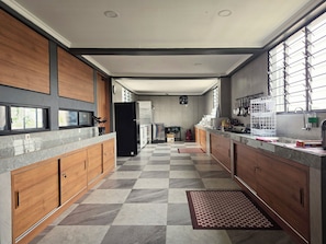 Fridge, microwave, electric kettle
