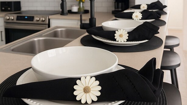 Una cocina con gabinetes blancos, microondas y cafetera.