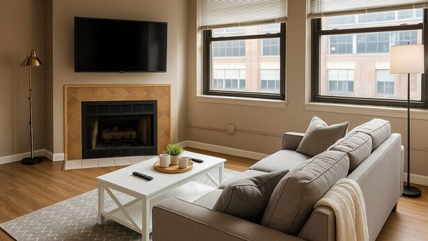 Ein Wohnzimmer mit einer Couch, einem Kamin, einem an der Wand montierten Fernseher und einem Fenster mit Jalousien.