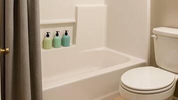 Hair dryer, towels, soap, shampoo