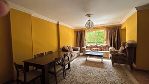 Une pièce aux murs jaunes, avec une table à manger et des chaises, un canapé et un tapis à motifs.