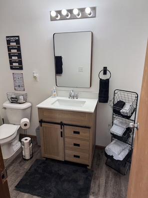 Hair dryer, towels, soap, toilet paper