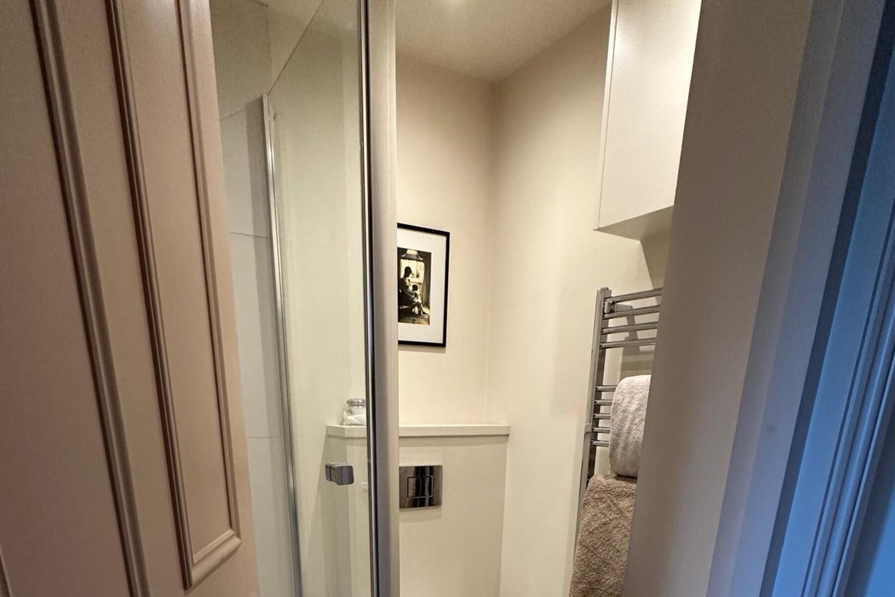 Een smalle gang met een glazen deur naar een badkamer. Een lijst met een afbeelding hangt aan de muur, en een handdoekhouder is zichtbaar op de achtergrond.