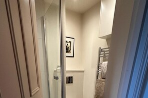 A narrow hallway with a glass door leading to a room with a bunk bed and a framed picture on the wall.