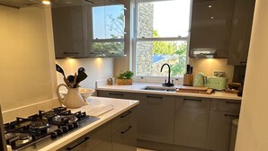 Een moderne keuken met een gasfornuis, roestvrijstalen apparatuur, een raam met uitzicht op groen en een aanrecht met een broodrooster en waterkoker.