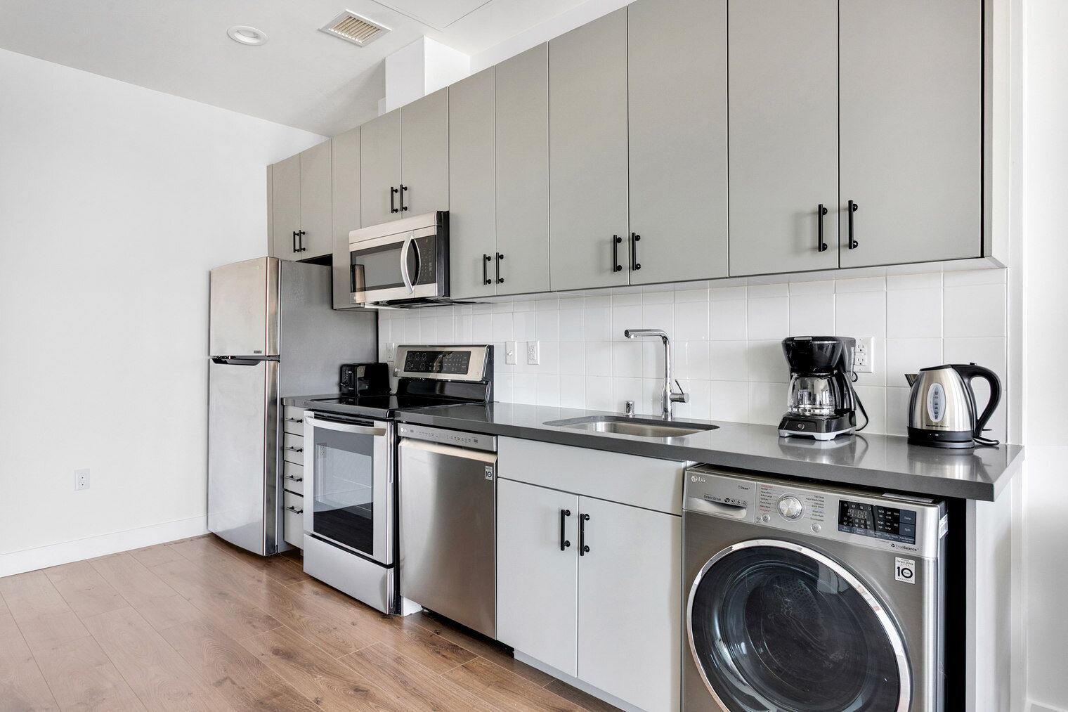 Fridge, microwave, oven, dishwasher