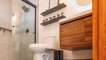Ducha, secador de pelo, toallas, jabón