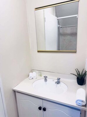 Secador de cabelo, toalhas de banho, shampoo, papel higiênico