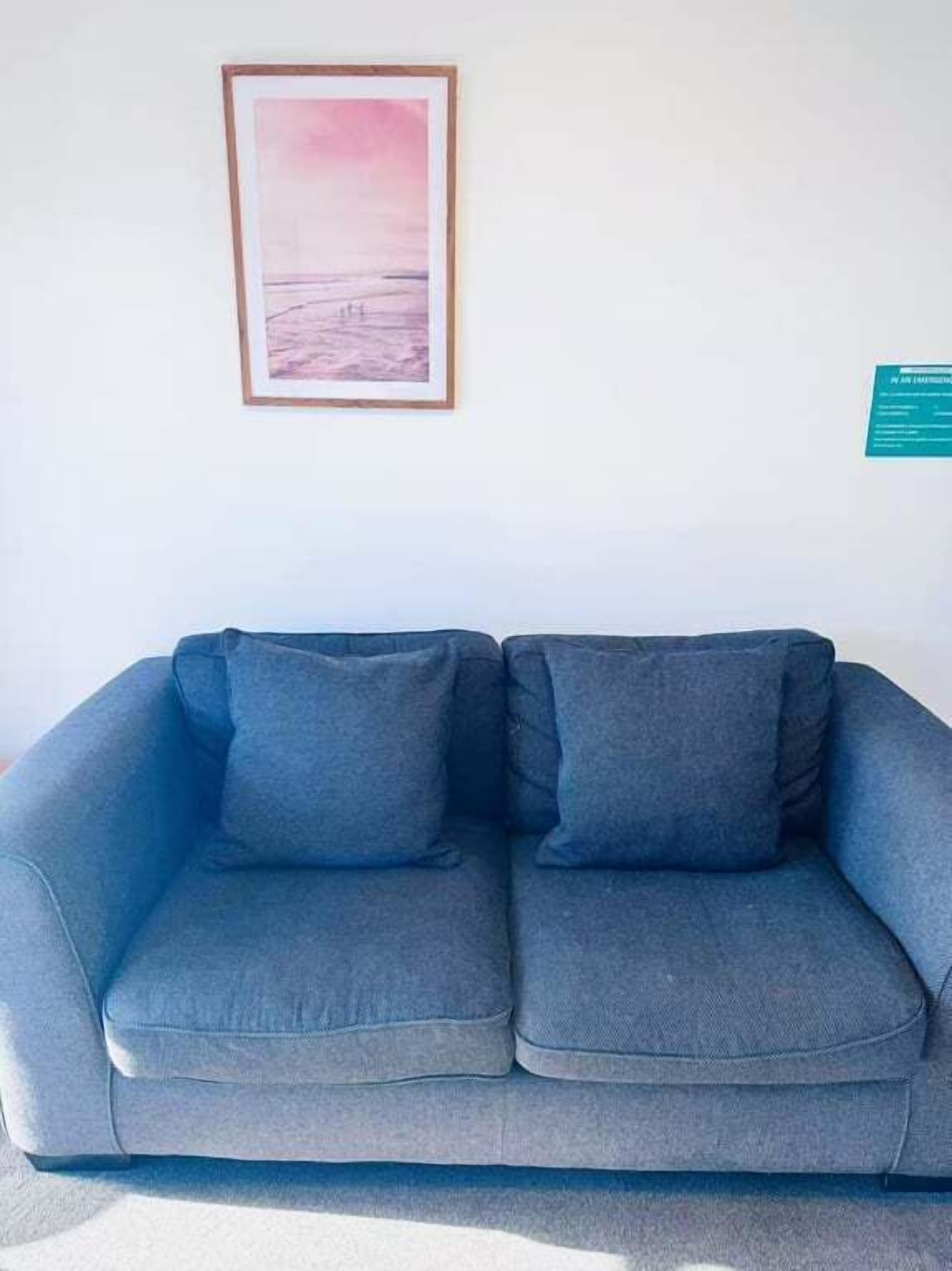 A grey sofa with a framed picture of a sunset on the wall behind it.