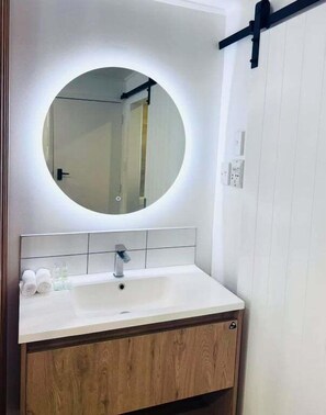 Hair dryer, towels, shampoo, toilet paper