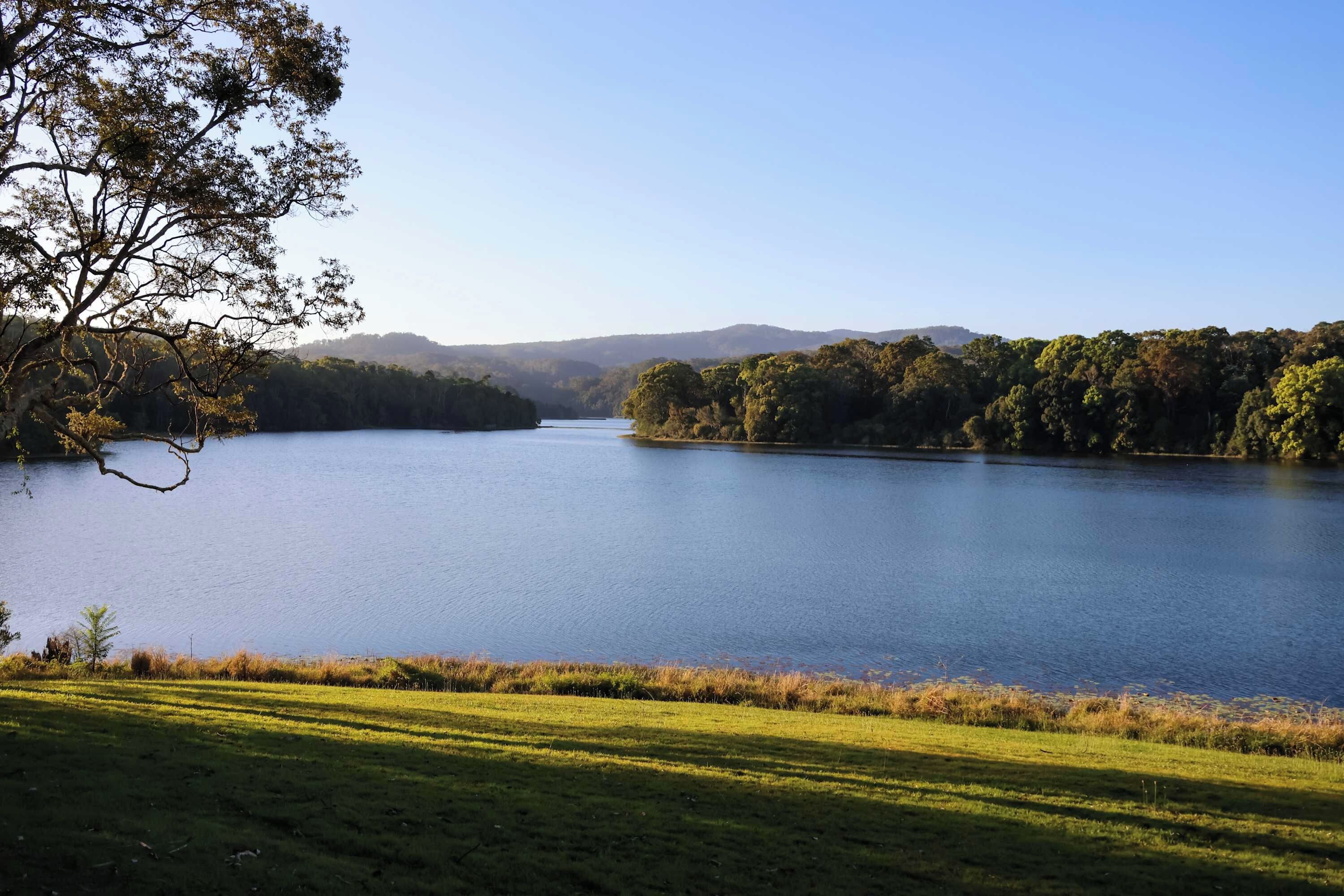 A serene lake surrounded by lush greenery and hills in the distance.