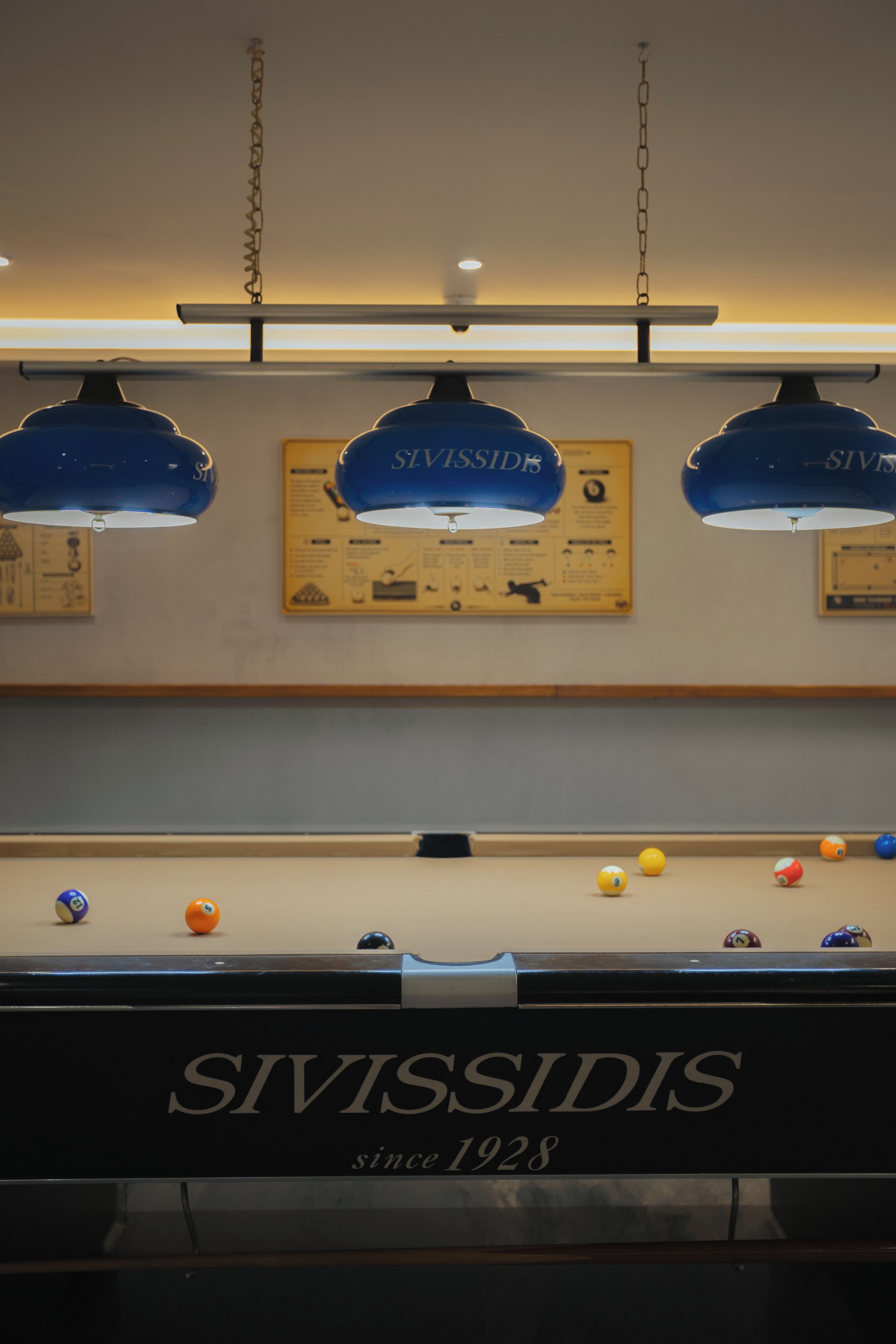 A billiards table with a brand name 'SIVISSIDIS' and a sign above it.