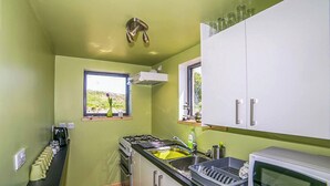 Eine kompakte Küche mit Gasherd, Spüle und Mikrowelle. Es gibt Schränke und ein Fenster, das natürliches Licht hereinlässt.