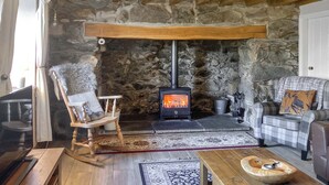 Un accogliente soggiorno con parete in pietra, soffitto in legno e stufa a legna. Si nota una poltrona a dondolo, un divano a quadri e un tavolino da caffè.