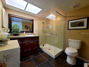 Douche, séchoir à cheveux, serviettes fournies, savon