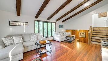 TV, fireplace, books