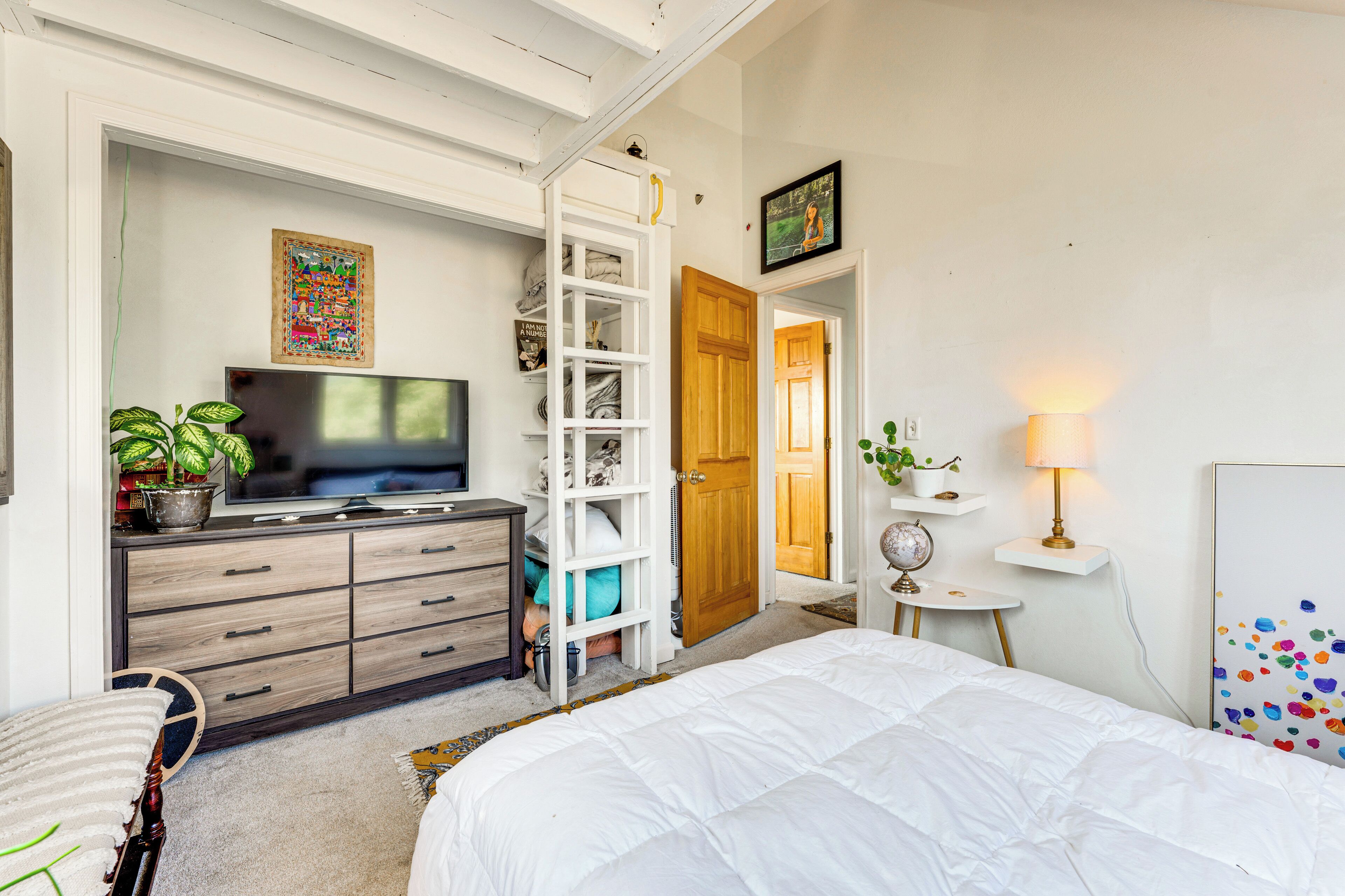 Een slaapkamer met een bed, een televisie, een kledingkast, een plank met planten en een deur naar een andere kamer.